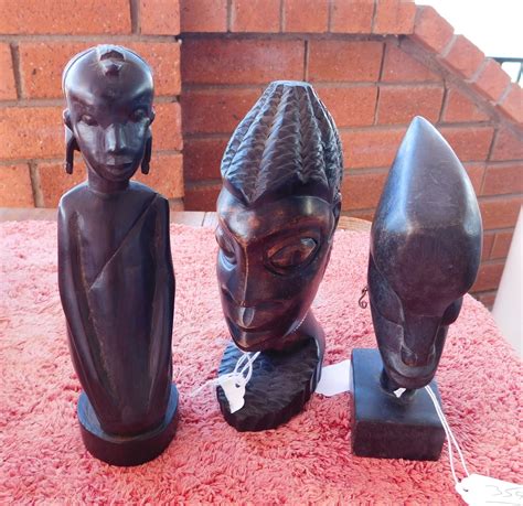 3 African Carvings C 1950s Made Of Ebony Wood The Items Measure From 75 To 85 Long Luma