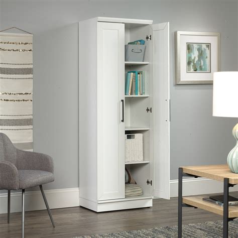 Freestanding Tall Storage Cabinet White Wood 4 Adjustable Shelves