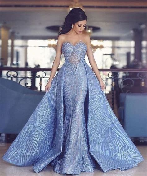 Elegant Sweetheart Mermaid Prom Dress With Detachable Train Fashion Mermaid Sweetheart Blue