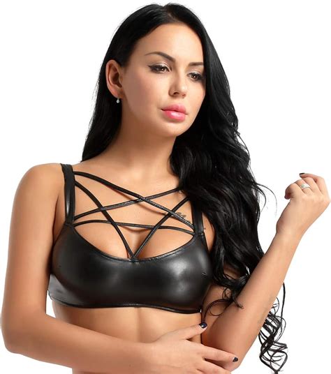 Moily Women S Wet Look Faux Leather Strappy Detail Front Bandeau Crop Tops Tank Rave