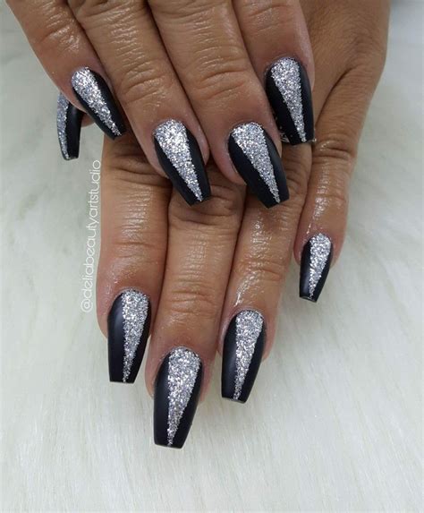 Black and silver nails, acrylic nails, coffin nail. | Prom nails silver, Black nail designs