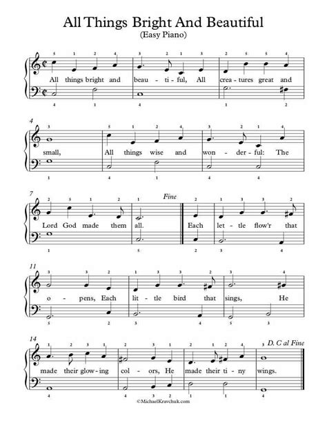 Or, click on a piano key, and the app will show you the corresponding note on the music sheet and play it for you! Free Piano Arrangement Sheet Music - All Things Bright And Beautiful - Michael Kravchuk
