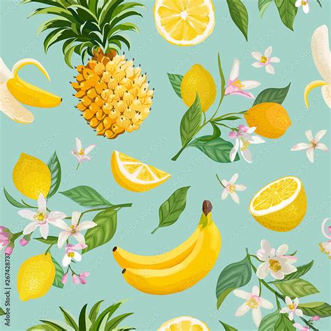 Vintage Seamless Tropical Flowers With Pineapple Vector Pattern Best