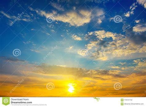 Cloudy Sky And Bright Sun Rise Over The Horizon Stock Photo Image Of