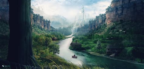 Landscape River Mountains Stream Waterfall Boat Matte Painting