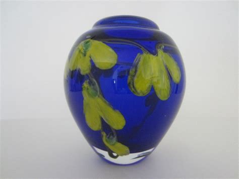 Murano Glass Vase Deep Blue Blown Infused Yellow Flowers Designer