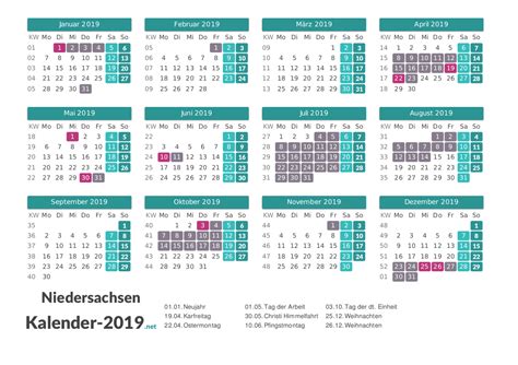 Zum glück sind genug ferien in niedersachsen eingeplant, die es dir ermöglichen pause vom jetzt immer die topaktuellen ferien, feiertage und prüfungstermine in niedersachsen bei duden. Jahreskalender 2019 Schulferien Niedersachsen - Kalender Plan