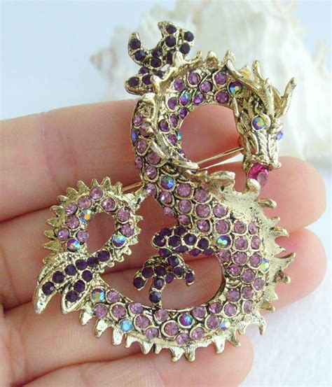 Unique Chinese Dragon Brooch Pin Pendant Purple Rhinestone Crystal