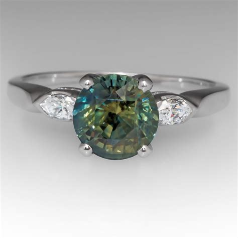 Round Blue Green Sapphire Ring Blue Engagement Ring Sapphire