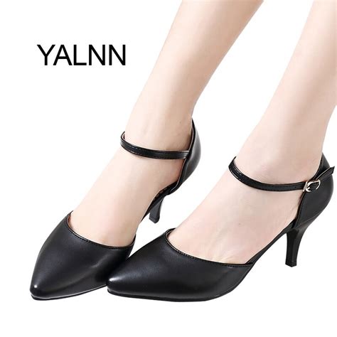 Yalnn Spring Summer Basic Women Pumps Shoes Shallow Buckle Strap Thin Heels Pointed Toe For