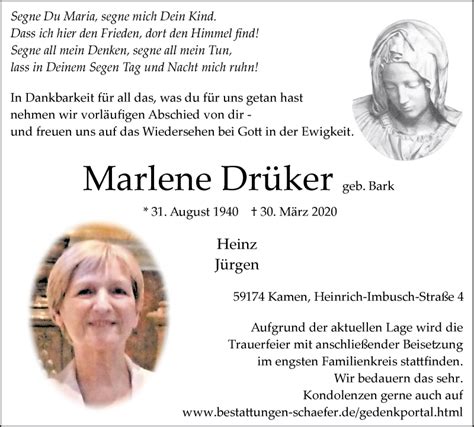 Traueranzeigen Von Marlene Drüker Sich Erinnernde