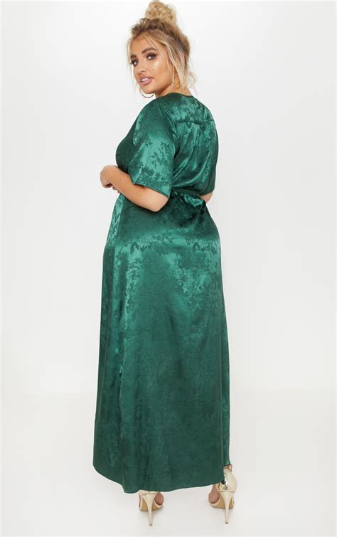 Plus Emerald Green Printed Satin Wrap Midi Dress Prettylittlething