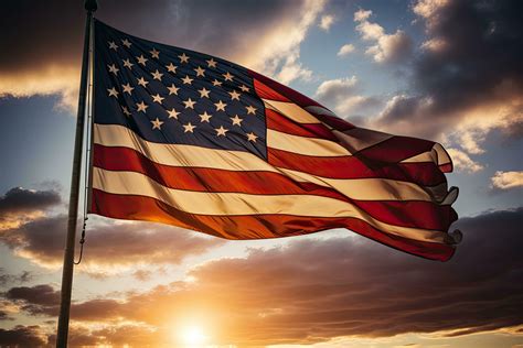 American Flag Waving In The Wind At Sunset 3d Illustration American