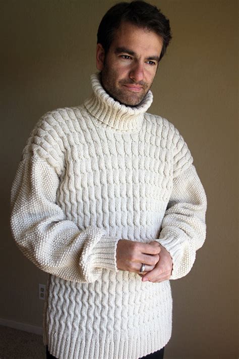 Beige Winter Mens Sweater Cable Hand Knitted Sweater Fisherman