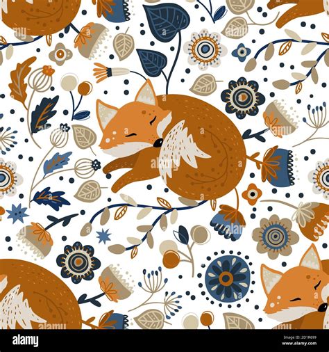 Nordic Scandinavian Fox Animal Seamless Vector Folk Pattern Ornate