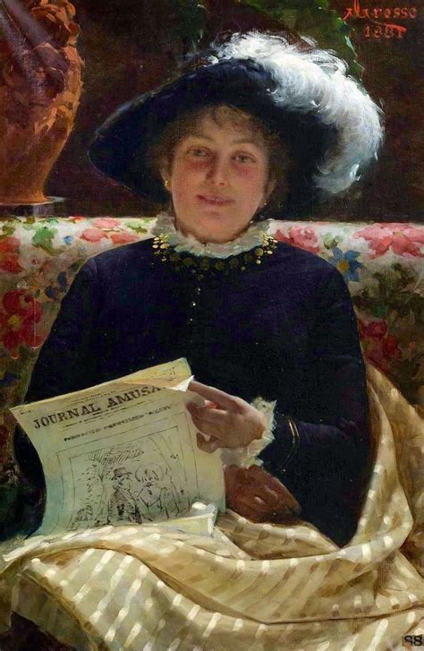 A Painting Of A Woman Sitting On A Couch With A Book In Her Hand And Wearing A Large Hat