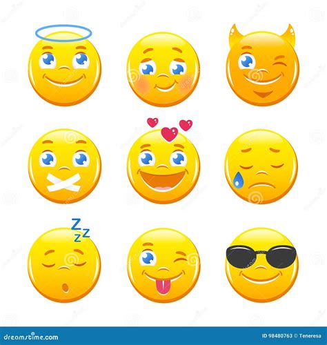 Cute Cartoon Emoticons Emoji Icons Set Yellow Smiley Faces Stock