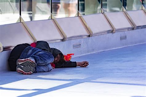 Homeless Person Sleeping On A Bridge Near Hard Rock Cafe Las Vegas