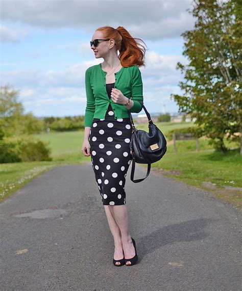 polka dot skirt and soft pink sweater spring outfit inspiration in 2023 pencil skirt pencil