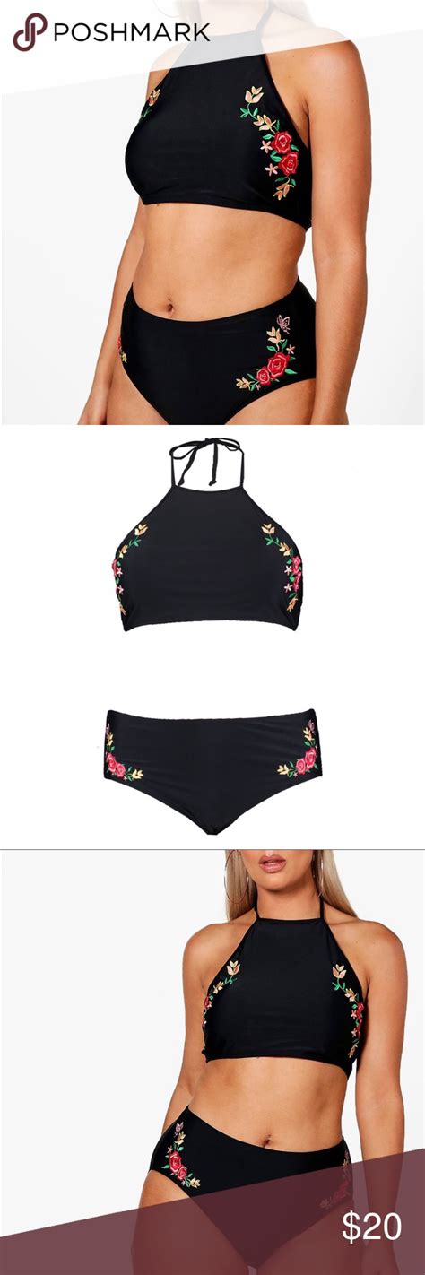 Boohoo Embroidered Two Piece Swimsuit Halter Tie Behind Neck Removable Padding Worn Only