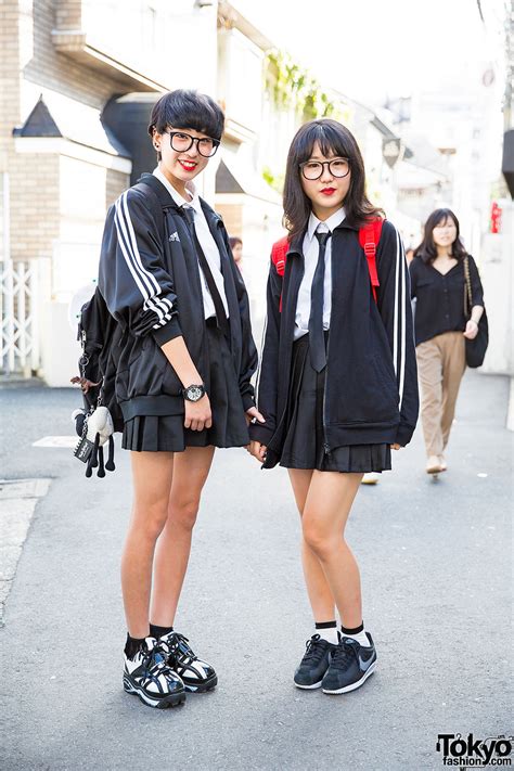 harajuku school girls w glasses uniforms adidas jacket and nike sneakers tokyo fashion