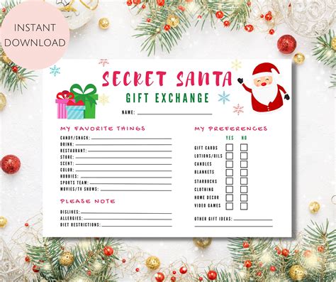 Secret Santa Questionnaire Printable Secret Santa Form Secret Etsy