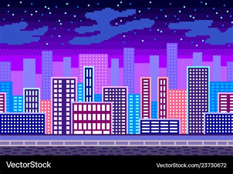 Pixel Art Night City Seamless Background Detailed Vector Image