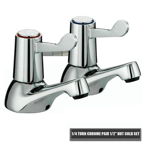 Lever Basin Sink Pillar Taps Easy Use 14 Turn Chrome Pair 12 Hot