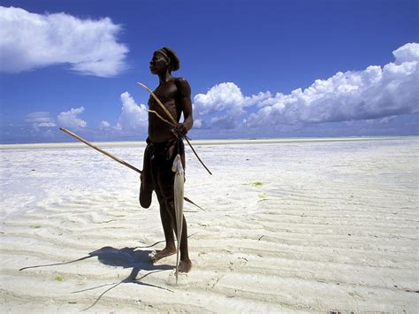 Fisherman On The Beach At Low Tide Zanzibar Tanzania Africa