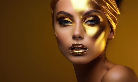 Premium AI Image Beauty Woman Painted In Gold Skin Color Body Gold Makeup Lips Eyelids In Gold