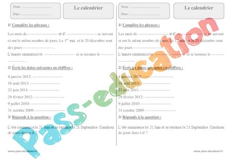 Calendrier Ce2 Exercice évaluation Révision Leçon Pdf à Imprimer