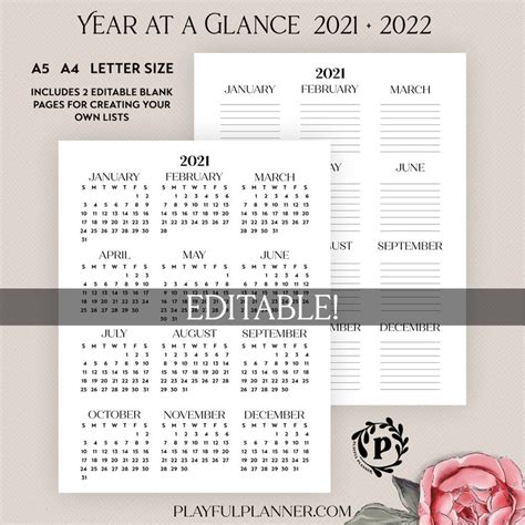 2021 2022 Year At A Glance Editable Printable Yearly Agenda Etsy