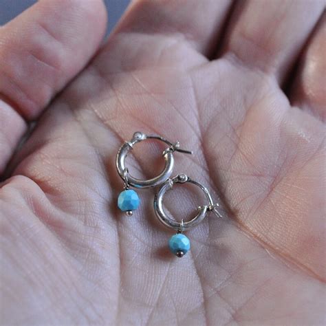 Tiny Gem Hoop Earrings With Genuine Faceted Turquoise Drops Etsy