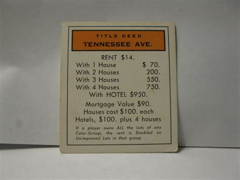 1985 Monopoly Board Game Piece Tennessee Ave Title Deed