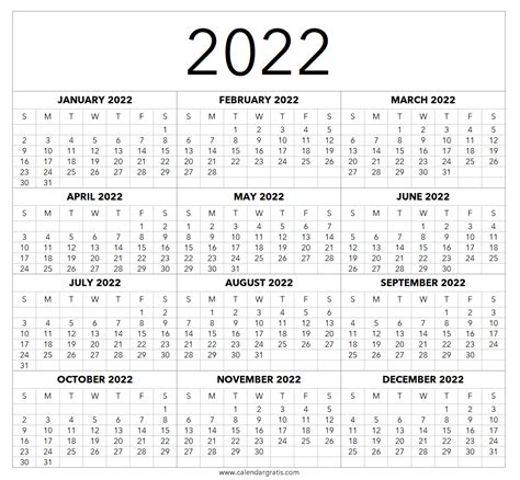 Year 2022 Printable Calendar One Page Template Calendar Gratis