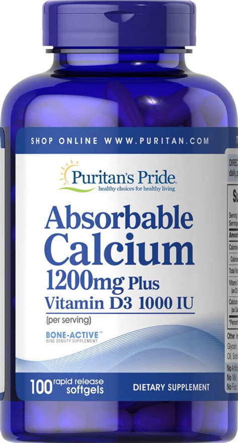 Puritans Pride Absorbable Calcium 1200 Mg With Vitamin D 1000 Iu 10