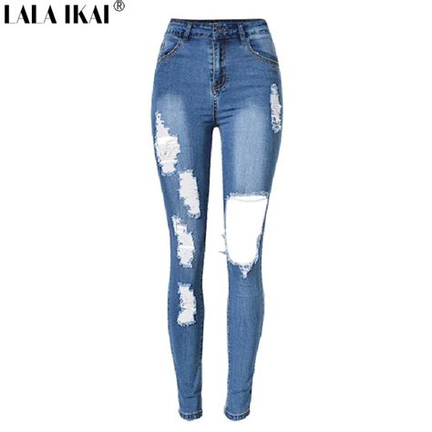 Lala Ikai Vintage High Waist Denim Trousers Women Oversize Destroyed Distress Skinny Ripped