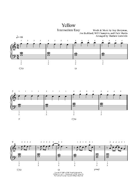 Yellow By Coldplay Sheet Music And Lesson Intermediate Level