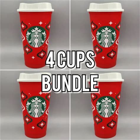 4 Starbucks Holiday 2023 Red Cup Day 16 Oz Reusable Hot Cups Bundle