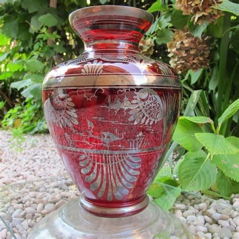Antique Venetian Red Glass Vase Decorated With Silver Leaf Glass Glass Vase Vase