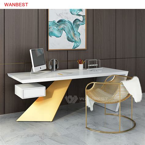 Salon hotel front desk reception desk marble reception desk white. White artificial Stone Gold Stainless Steel CEO Unique ...