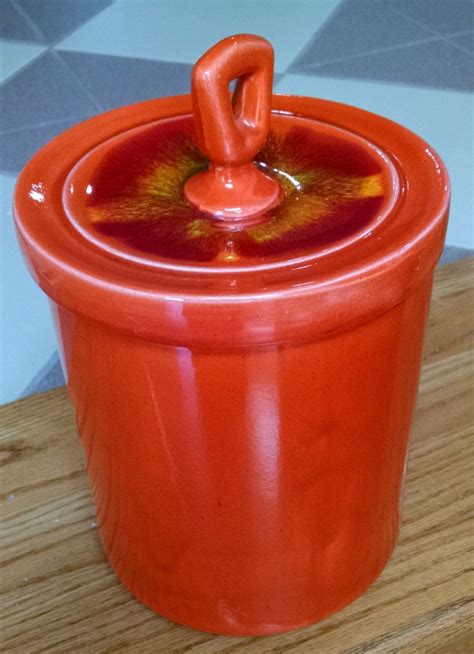 California Usa Pottery Drip Glaze Canister Orange With Red And Yellow