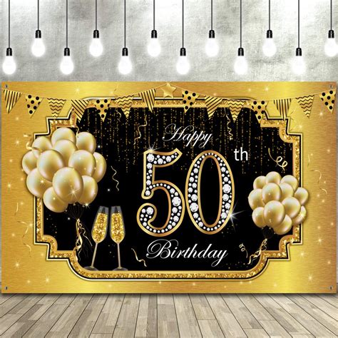 Happy 50th Birthday Backdrop Banner Extra Large Fabric Black Gold 50
