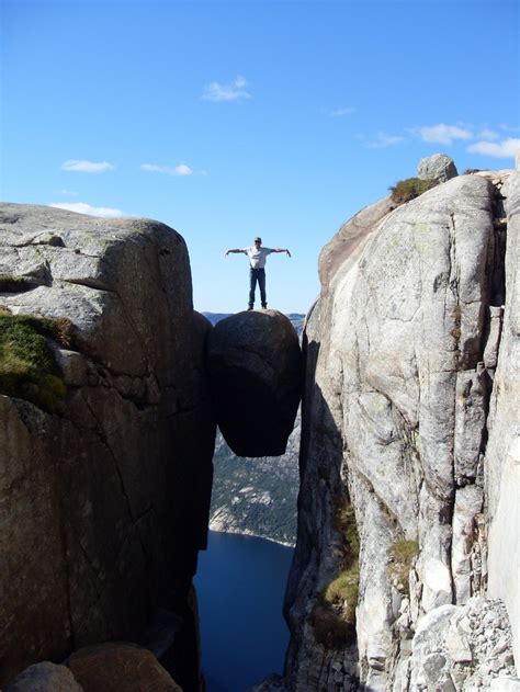 A popular tourist attraction, kjeragbolten is a natural marvel. Kjeragbolten, in Norway. This is where the expression ...