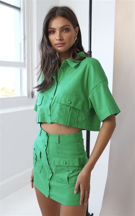 Navine Button Front Crop Top And Cargo Pocket Mini Skirt Two Piece Set
