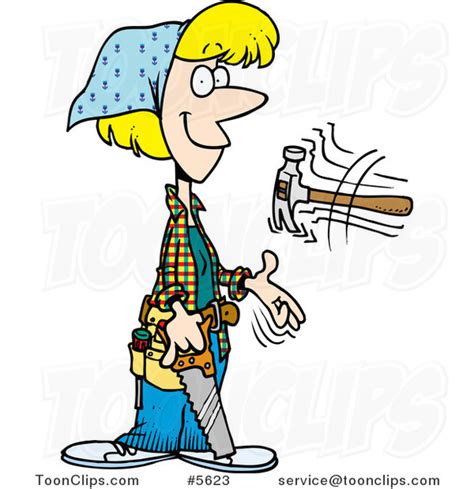 Cartoon Female Carpenter Holding A Saw And Tossing A Hammer 5623 By
