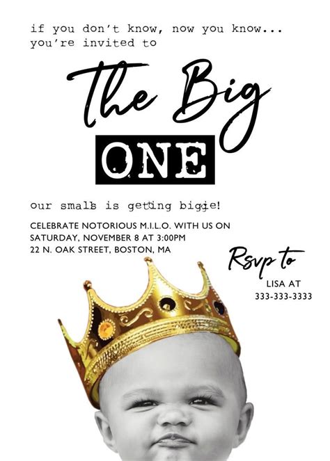 Big One First Birthday Invitation Biggie Smalls 1st Birthday Invite