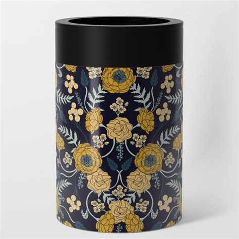 Navy Blue Turquoise Cream And Mustard Yellow Dark Floral Pattern Can