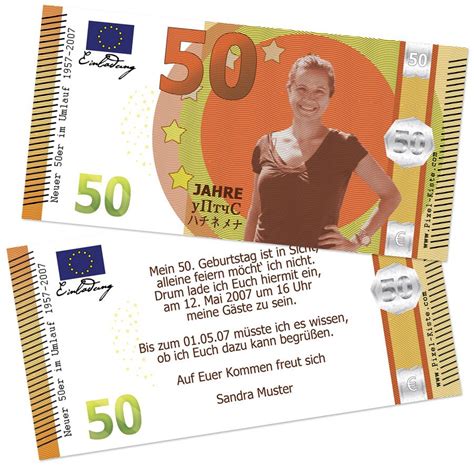 Gestalten müssen sie diese allerdings nach dem ausdrucken. Banknote Geldschein 50. Geburtstag Einladung "Neuer Fünfziger" | Einladung 50. geburtstag ...