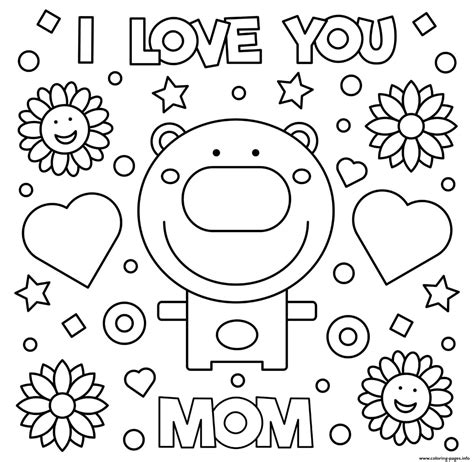 Mothers Day I Love You Mom Bear Hearts Flowers Coloring page Printable